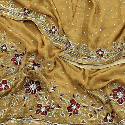 Indian Vintage Beige Dupatta Pure Georgette silk Long Stole Hand Embroidered Scarves Stole Veil Wrap Sequins