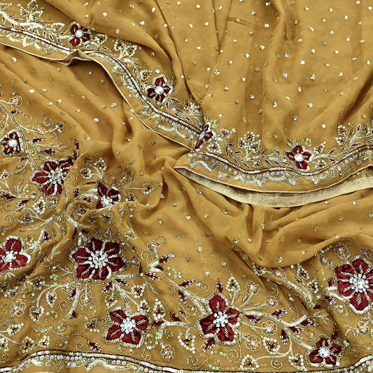 Indian Vintage Beige Dupatta Pure Georgette silk Long Stole Hand Embroidered Scarves Stole Veil Wrap Sequins