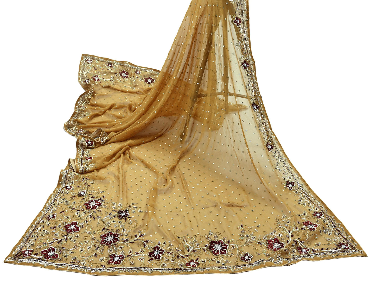 Indian Vintage Beige Dupatta Pure Georgette silk Long Stole Hand Embroidered Scarves Stole Veil Wrap Sequins