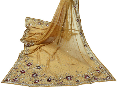Indian Vintage Beige Dupatta Pure Georgette silk Long Stole Hand Embroidered Scarves Stole Veil Wrap Sequins