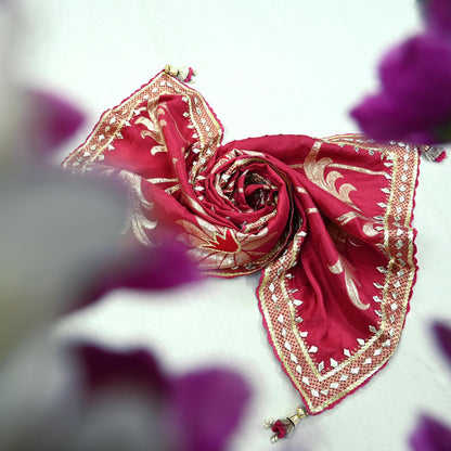 Indian Vintage Dupatta Pink Long Stole Hand Woven Chanderi Scarf Veil Soft Floral Zari Boho