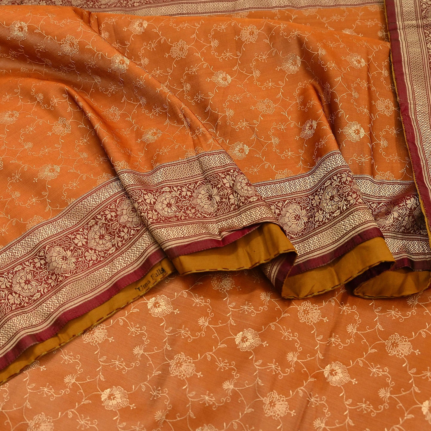 Indian Vintage Sari | Brown & Saffron | Pure Silk Woven Brocade | 5 Yards Craft Fabric Ethnic Sewing Crafting Quilting Dress making