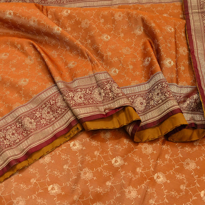 Indian Vintage Sari | Brown & Saffron | Pure Silk Woven Brocade | 5 Yards Craft Fabric Ethnic Sewing Crafting Quilting Dress making