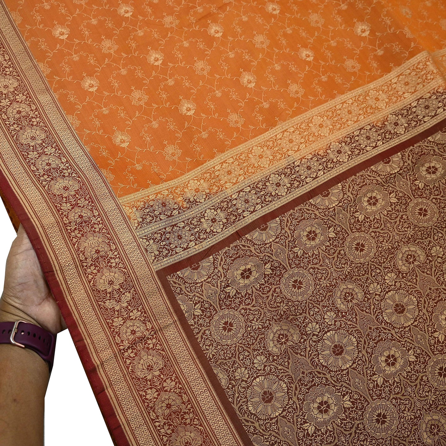 Indian Vintage Sari | Brown & Saffron | Pure Silk Woven Brocade | 5 Yards Craft Fabric Ethnic Sewing Crafting Quilting Dress making