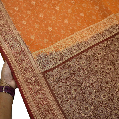 Indian Vintage Sari | Brown & Saffron | Pure Silk Woven Brocade | 5 Yards Craft Fabric Ethnic Sewing Crafting Quilting Dress making