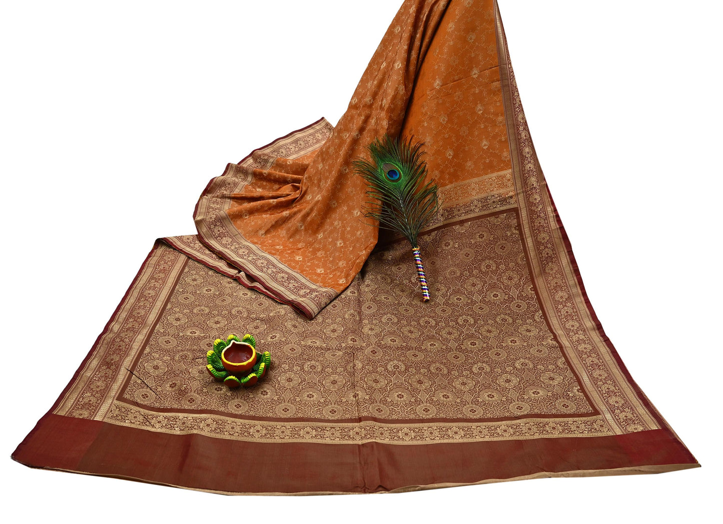 Indian Vintage Sari | Brown & Saffron | Pure Silk Woven Brocade | 5 Yards Craft Fabric Ethnic Sewing Crafting Quilting Dress making