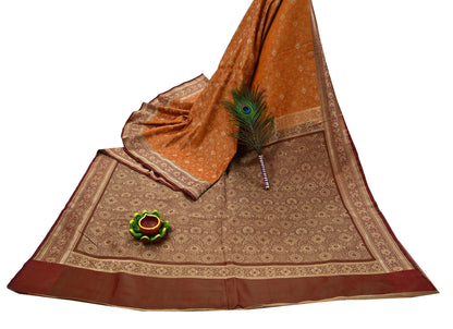Indian Vintage Sari | Brown & Saffron | Pure Silk Woven Brocade | 5 Yards Craft Fabric Ethnic Sewing Crafting Quilting Dress making