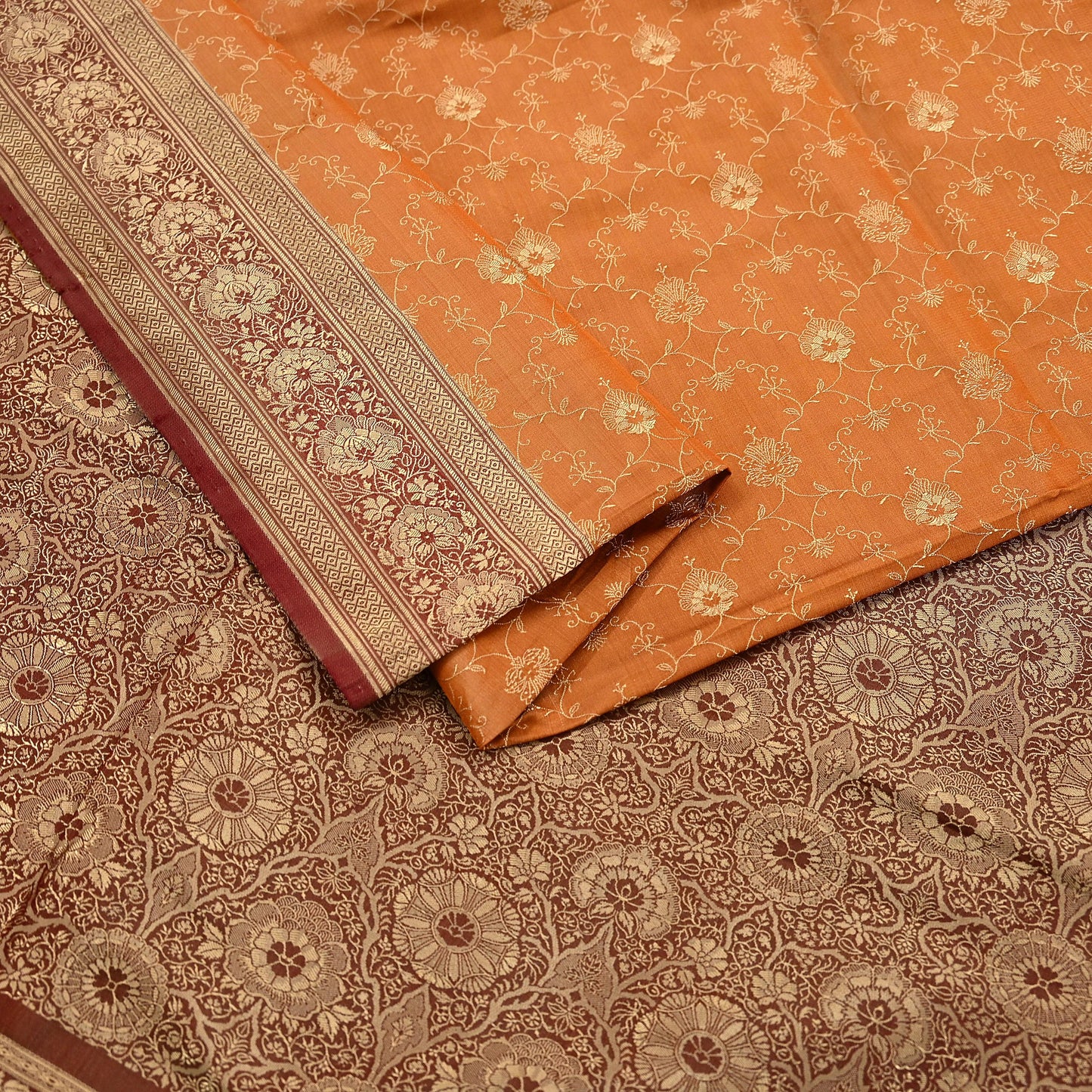 Indian Vintage Sari | Brown & Saffron | Pure Silk Woven Brocade | 5 Yards Craft Fabric Ethnic Sewing Crafting Quilting Dress making