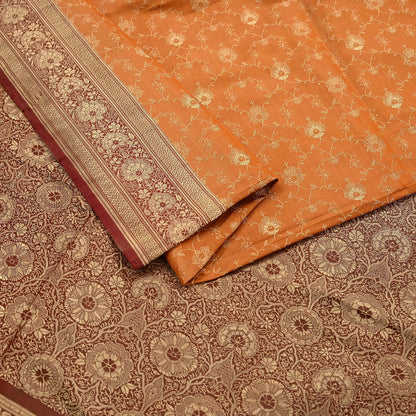 Indian Vintage Sari | Brown & Saffron | Pure Silk Woven Brocade | 5 Yards Craft Fabric Ethnic Sewing Crafting Quilting Dress making