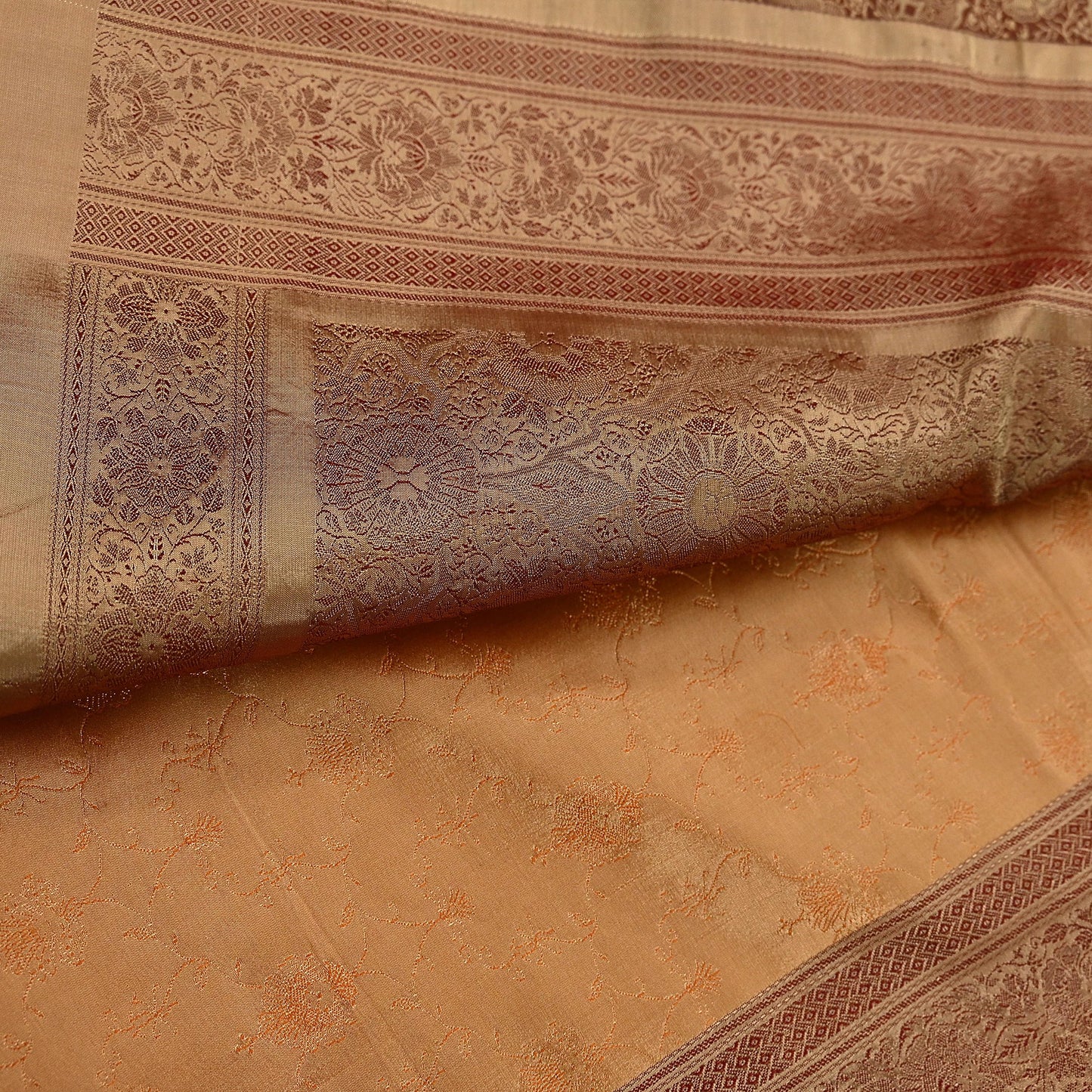 Indian Vintage Sari | Brown & Saffron | Pure Silk Woven Brocade | 5 Yards Craft Fabric Ethnic Sewing Crafting Quilting Dress making
