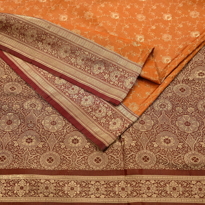 Indian Vintage Sari | Brown & Saffron | Pure Silk Woven Brocade | 5 Yards Craft Fabric Ethnic Sewing Crafting Quilting Dress making