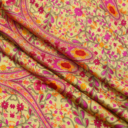 Indian Vintage Saree Beige Moss Crepe Printed Sari | 5 Yards | Floral Soft Fabric for Sewing, Dressmaking, Crafting, Quilting
