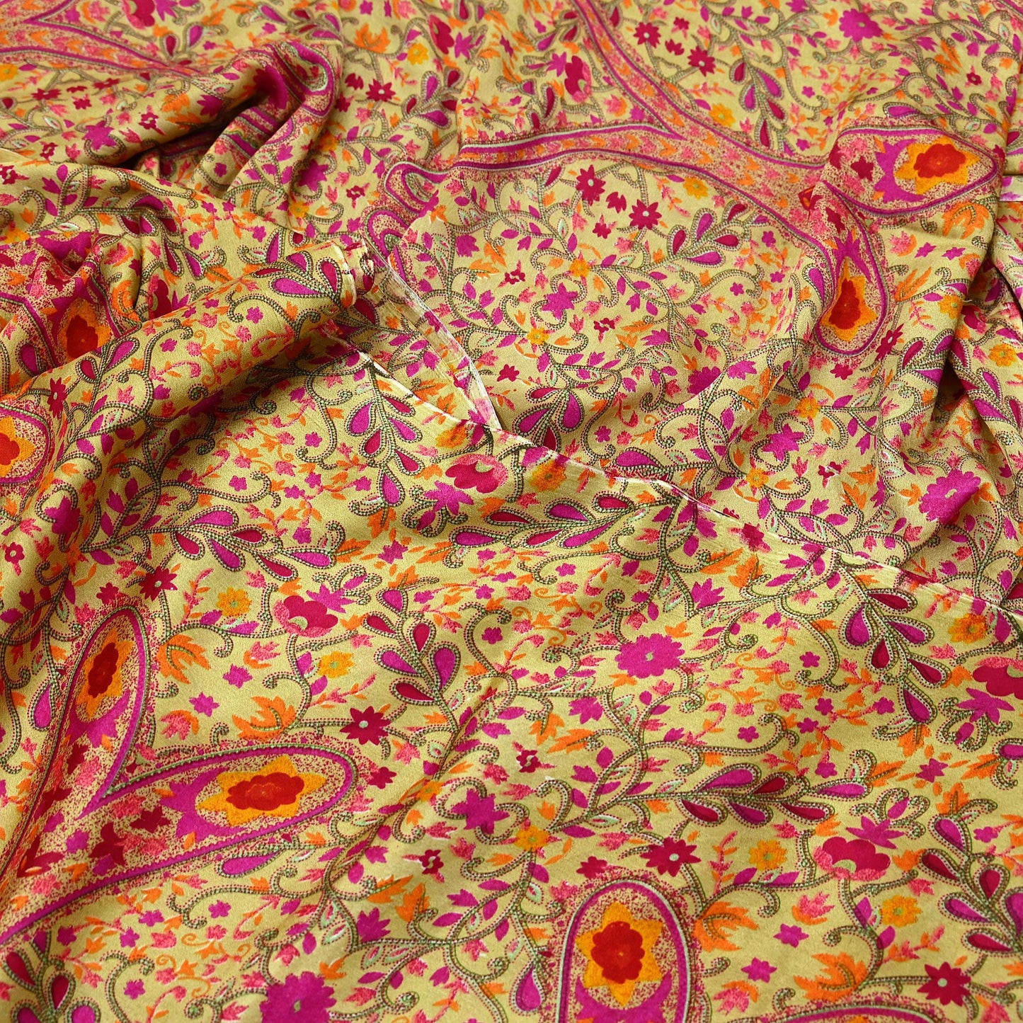 Indian Vintage Saree Beige Moss Crepe Printed Sari | 5 Yards | Floral Soft Fabric for Sewing, Dressmaking, Crafting, Quilting