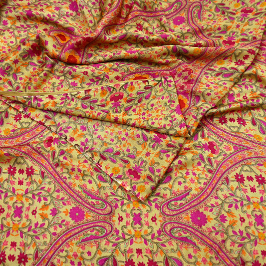 Indian Vintage Saree Beige Moss Crepe Printed Sari | 5 Yards | Floral Soft Fabric for Sewing, Dressmaking, Crafting, Quilting