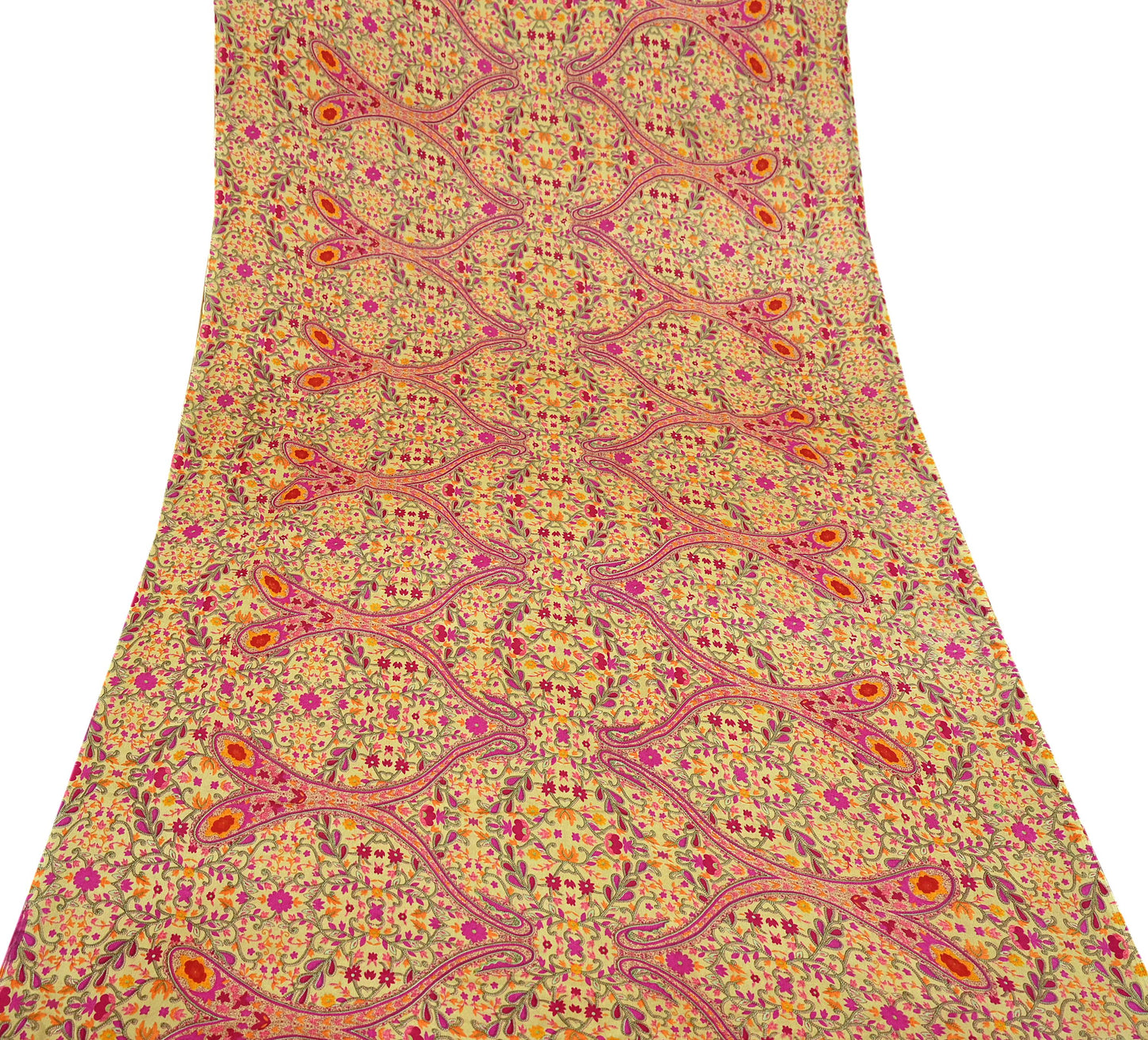 Indian Vintage Saree Beige Moss Crepe Printed Sari | 5 Yards | Floral Soft Fabric for Sewing, Dressmaking, Crafting, Quilting