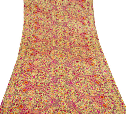 Indian Vintage Saree Beige Moss Crepe Printed Sari | 5 Yards | Floral Soft Fabric for Sewing, Dressmaking, Crafting, Quilting