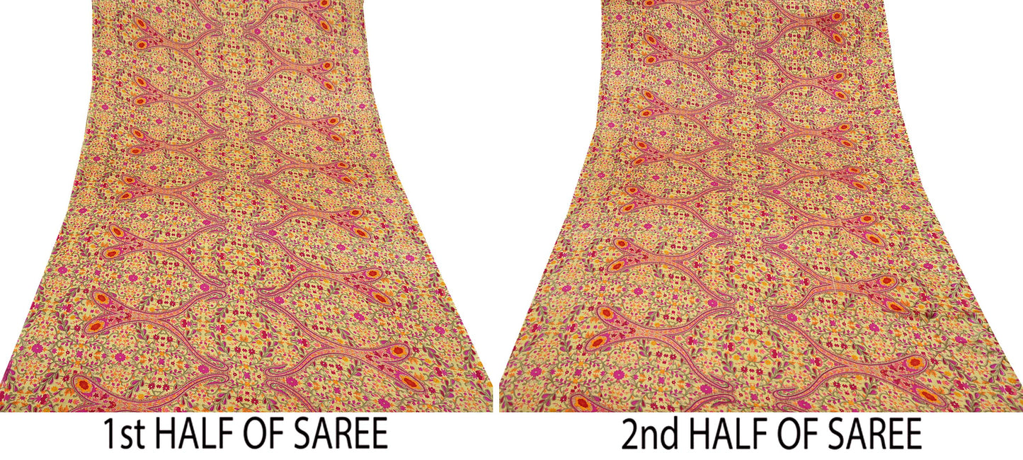 Indian Vintage Saree Beige Moss Crepe Printed Sari | 5 Yards | Floral Soft Fabric for Sewing, Dressmaking, Crafting, Quilting