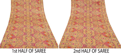 Indian Vintage Saree Beige Moss Crepe Printed Sari | 5 Yards | Floral Soft Fabric for Sewing, Dressmaking, Crafting, Quilting