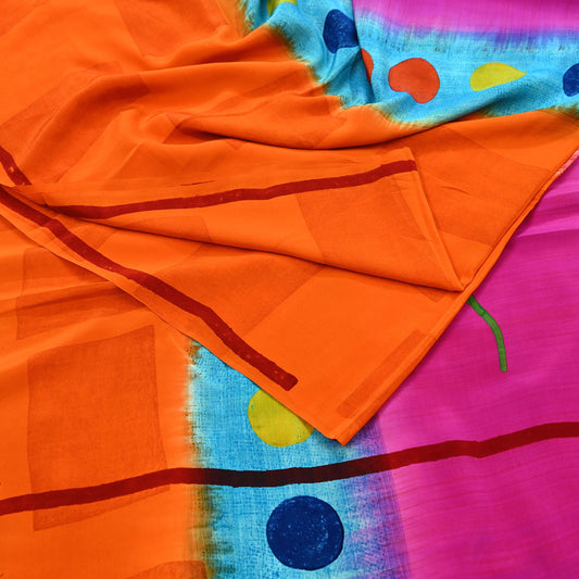 Indian Vintage Multi Pure Crepe Silk Saree | Abstract Print | 5 Yards | Soft Sewing Fabric for Dressmaking, Quilting, Crafting & Upcycling