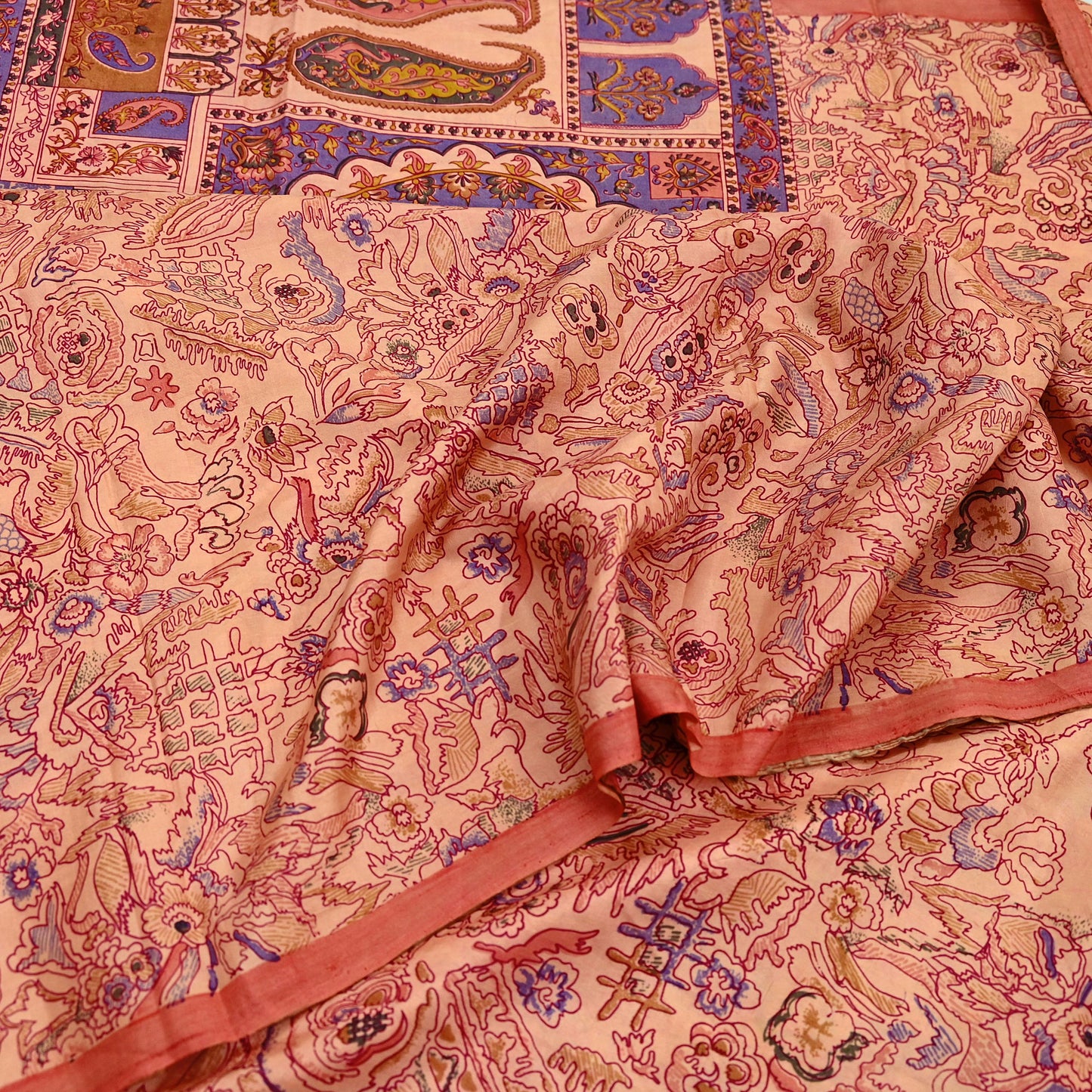 Indian Vintage Peach Pure Silk Printed Saree | 5 Yards | Soft Floral Fabric for Dressmaking, Quilting, Crafting, Sewing & Upcycling