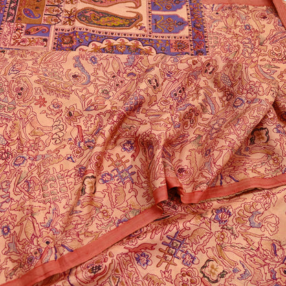 Indian Vintage Peach Pure Silk Printed Saree | 5 Yards | Soft Floral Fabric for Dressmaking, Quilting, Crafting, Sewing & Upcycling