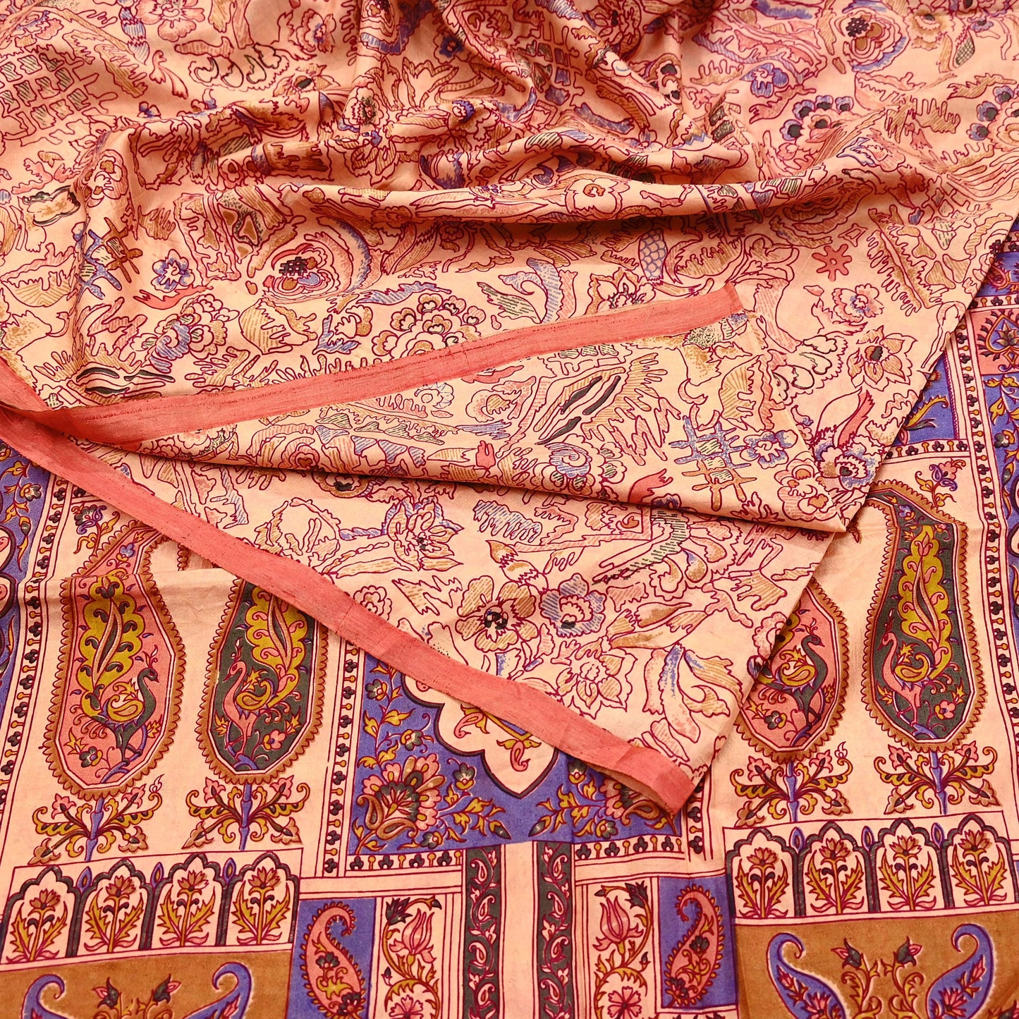 Indian Vintage Peach Pure Silk Printed Saree | 5 Yards | Soft Floral Fabric for Dressmaking, Quilting, Crafting, Sewing & Upcycling