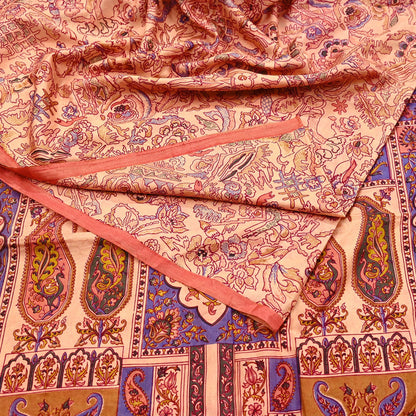 Indian Vintage Peach Pure Silk Printed Saree | 5 Yards | Soft Floral Fabric for Dressmaking, Quilting, Crafting, Sewing & Upcycling