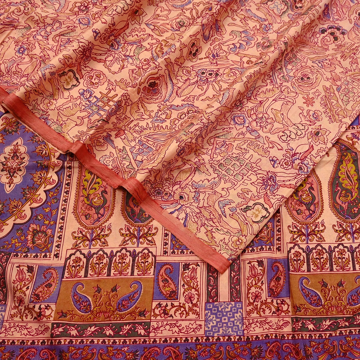 Indian Vintage Peach Pure Silk Printed Saree | 5 Yards | Soft Floral Fabric for Dressmaking, Quilting, Crafting, Sewing & Upcycling
