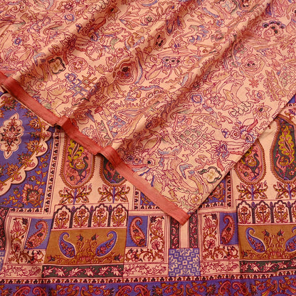 Indian Vintage Peach Pure Silk Printed Saree | 5 Yards | Soft Floral Fabric for Dressmaking, Quilting, Crafting, Sewing & Upcycling