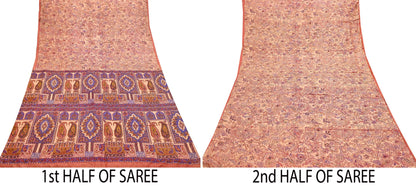 Indian Vintage Peach Pure Silk Printed Saree | 5 Yards | Soft Floral Fabric for Dressmaking, Quilting, Crafting, Sewing & Upcycling