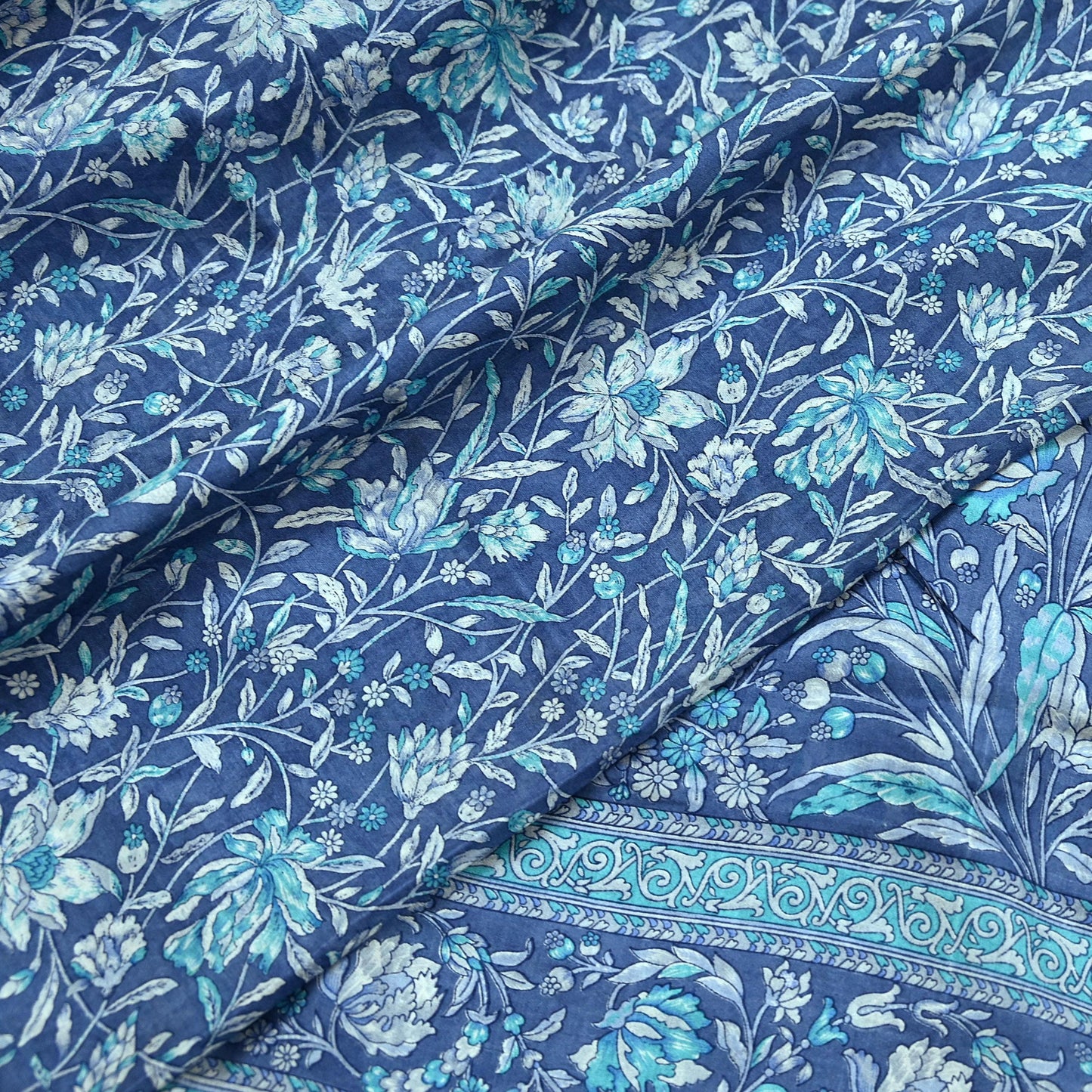 Indian Vintage Gray Pure Silk Printed Saree | 6 Yards | Soft Floral Fabric for Dressmaking, Quilting, Crafting, Sewing & Upcycling