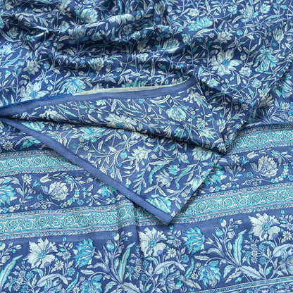 Indian Vintage Gray Pure Silk Printed Saree | 6 Yards | Soft Floral Fabric for Dressmaking, Quilting, Crafting, Sewing & Upcycling