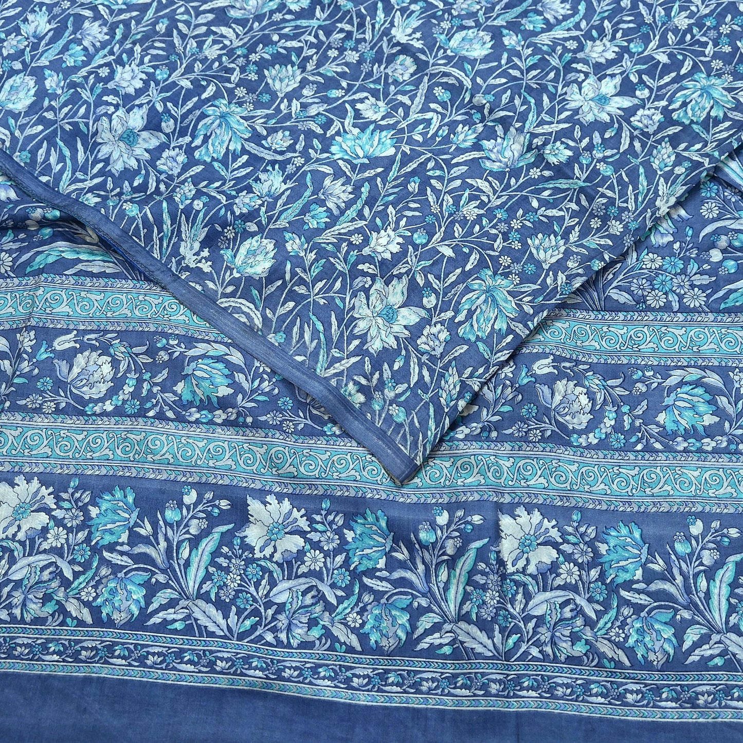 Indian Vintage Gray Pure Silk Printed Saree | 6 Yards | Soft Floral Fabric for Dressmaking, Quilting, Crafting, Sewing & Upcycling