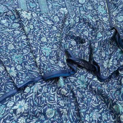 Indian Vintage Gray Pure Silk Printed Saree | 6 Yards | Soft Floral Fabric for Dressmaking, Quilting, Crafting, Sewing & Upcycling