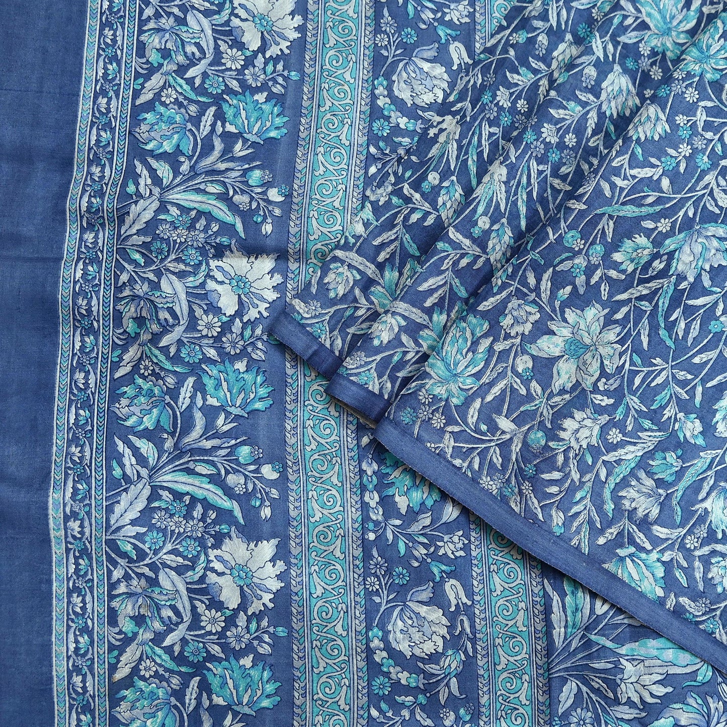 Indian Vintage Gray Pure Silk Printed Saree | 6 Yards | Soft Floral Fabric for Dressmaking, Quilting, Crafting, Sewing & Upcycling