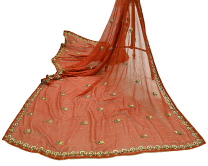 Indian Vintage Orange Dupatta Pure Georgette silk Long Stole Hand Embroidered Scarves Stole Veil Wrap Sequins Dabka/ Zardozi, Hijab