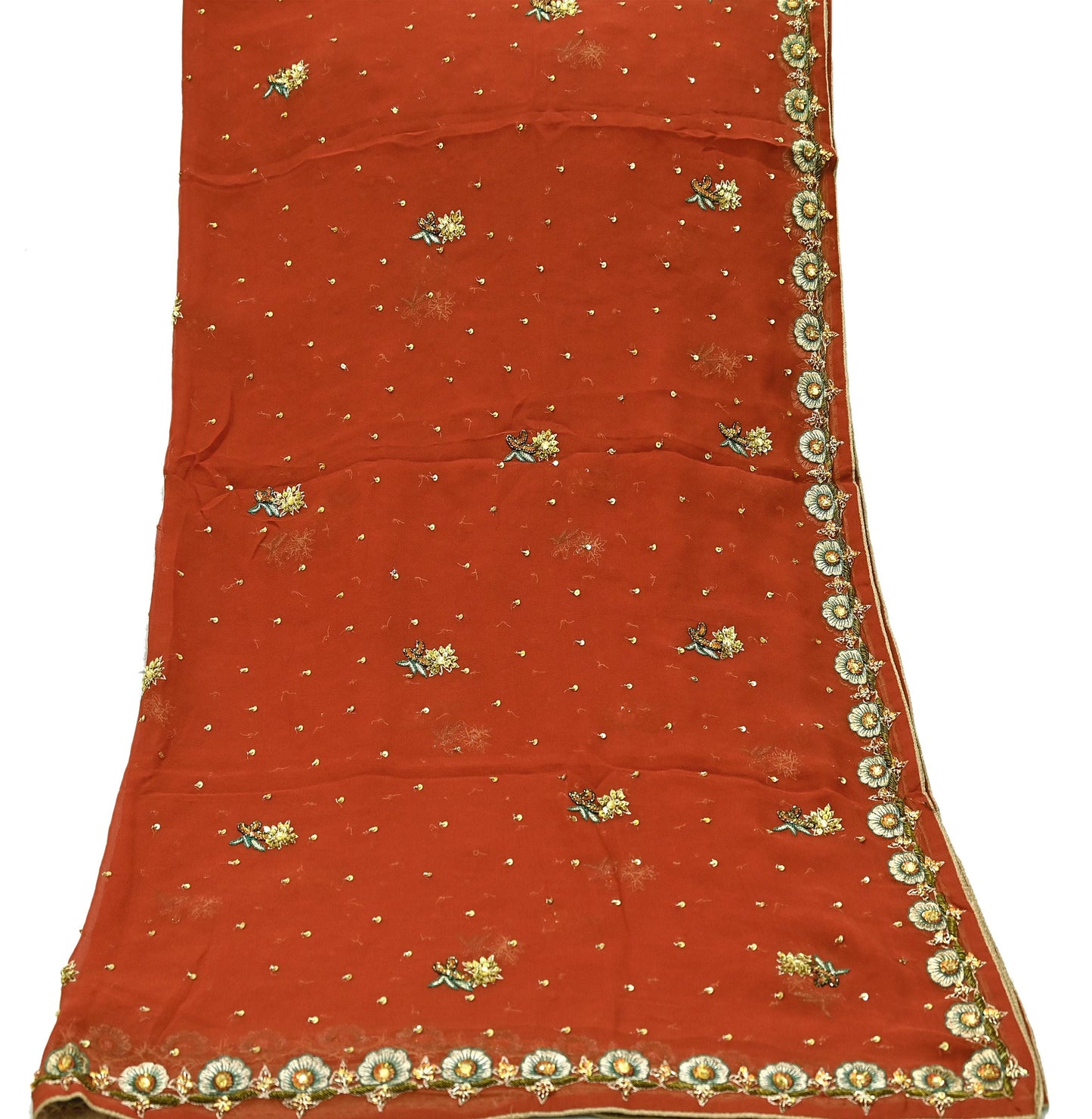 Indian Vintage Orange Dupatta Pure Georgette silk Long Stole Hand Embroidered Scarves Stole Veil Wrap Sequins Dabka/ Zardozi, Hijab