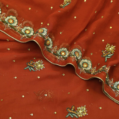 Indian Vintage Orange Dupatta Pure Georgette silk Long Stole Hand Embroidered Scarves Stole Veil Wrap Sequins Dabka/ Zardozi, Hijab