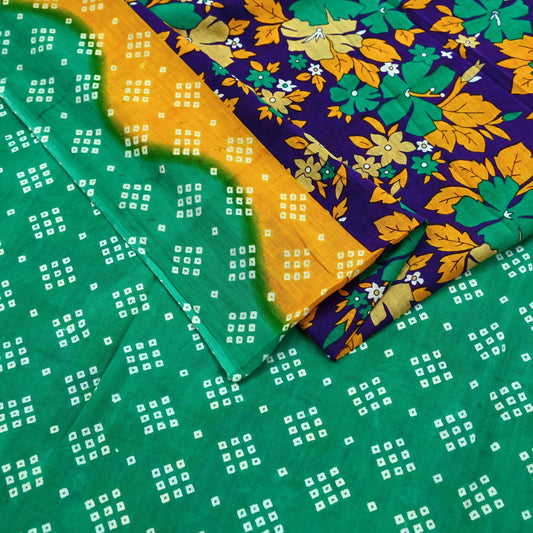 Indian Vintage Sari Green & Purple Pure Cotton Bandhani Printed Sarees 5yd Sewing Craft Fabric Dress Making Soft Sarong Quilting Crafting