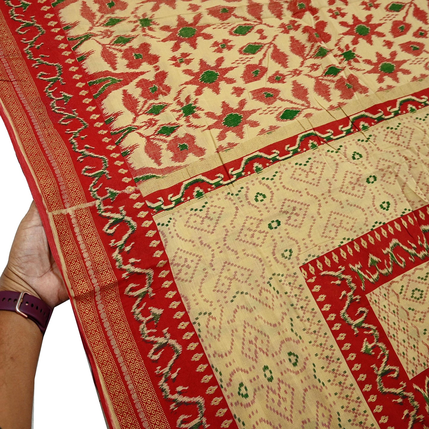 Indian Vintage Red & Beige Saree Printed 100% Pure Cotton Sari Craft Fabric 5Yd Soft Sewing Sarong Wrap Dress Making Quilting Crafting