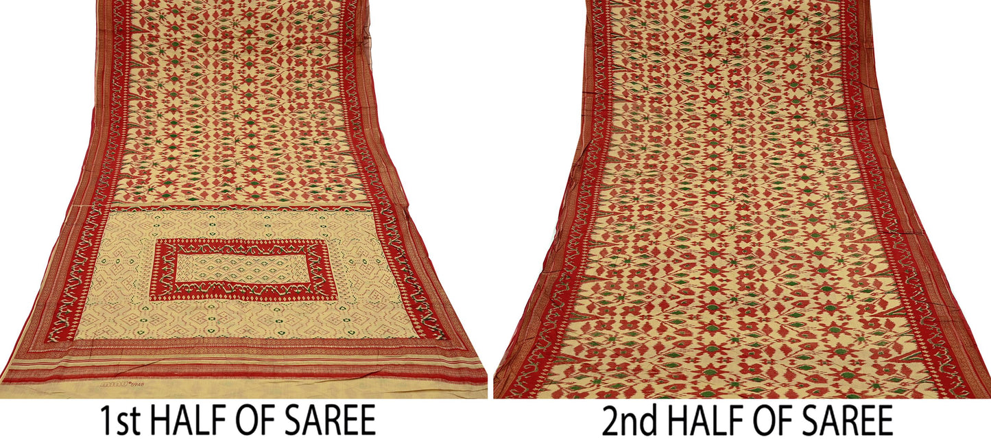 Indian Vintage Red & Beige Saree Printed 100% Pure Cotton Sari Craft Fabric 5Yd Soft Sewing Sarong Wrap Dress Making Quilting Crafting