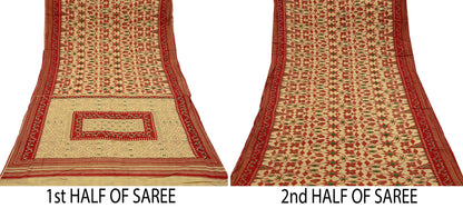 Indian Vintage Red & Beige Saree Printed 100% Pure Cotton Sari Craft Fabric 5Yd Soft Sewing Sarong Wrap Dress Making Quilting Crafting