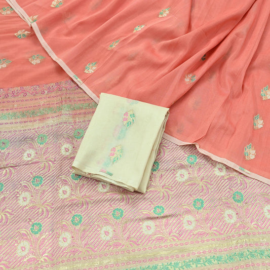 Indian Vintage Sari Orange & Ivory Pure Silk Hand Woven Sarees Fabric 5Yd Ethnic Dress Making Crafting Upcycle Quilting Zari Border