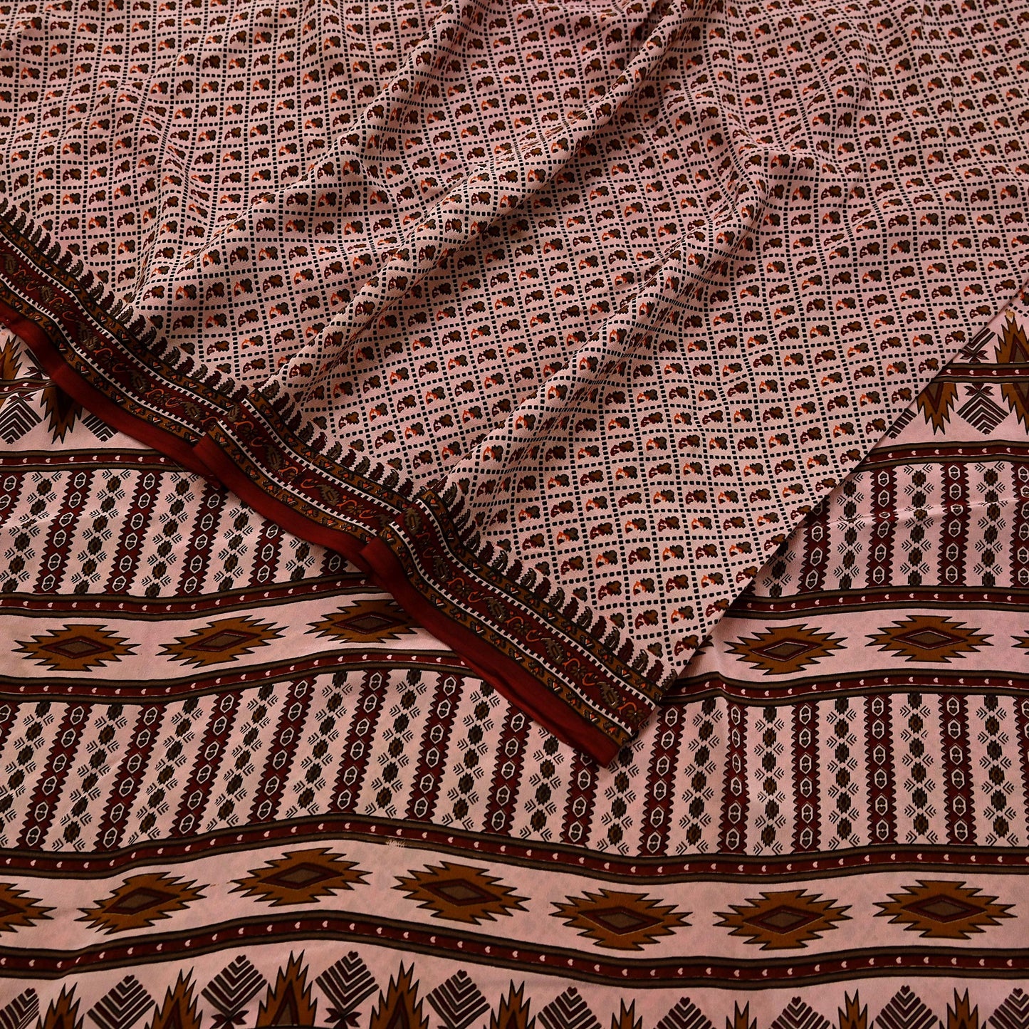 Indian Vintage Peach Maroon Pure Crepe Silk Saree Floral Print 5 Yards Soft Sewing Fabric for Dressmaking, Quilting, Crafting & Upcycling