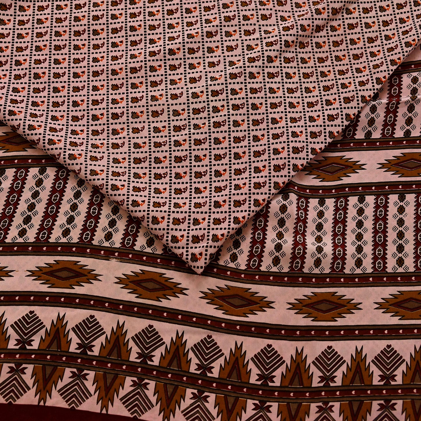 Indian Vintage Peach Maroon Pure Crepe Silk Saree Floral Print 5 Yards Soft Sewing Fabric for Dressmaking, Quilting, Crafting & Upcycling