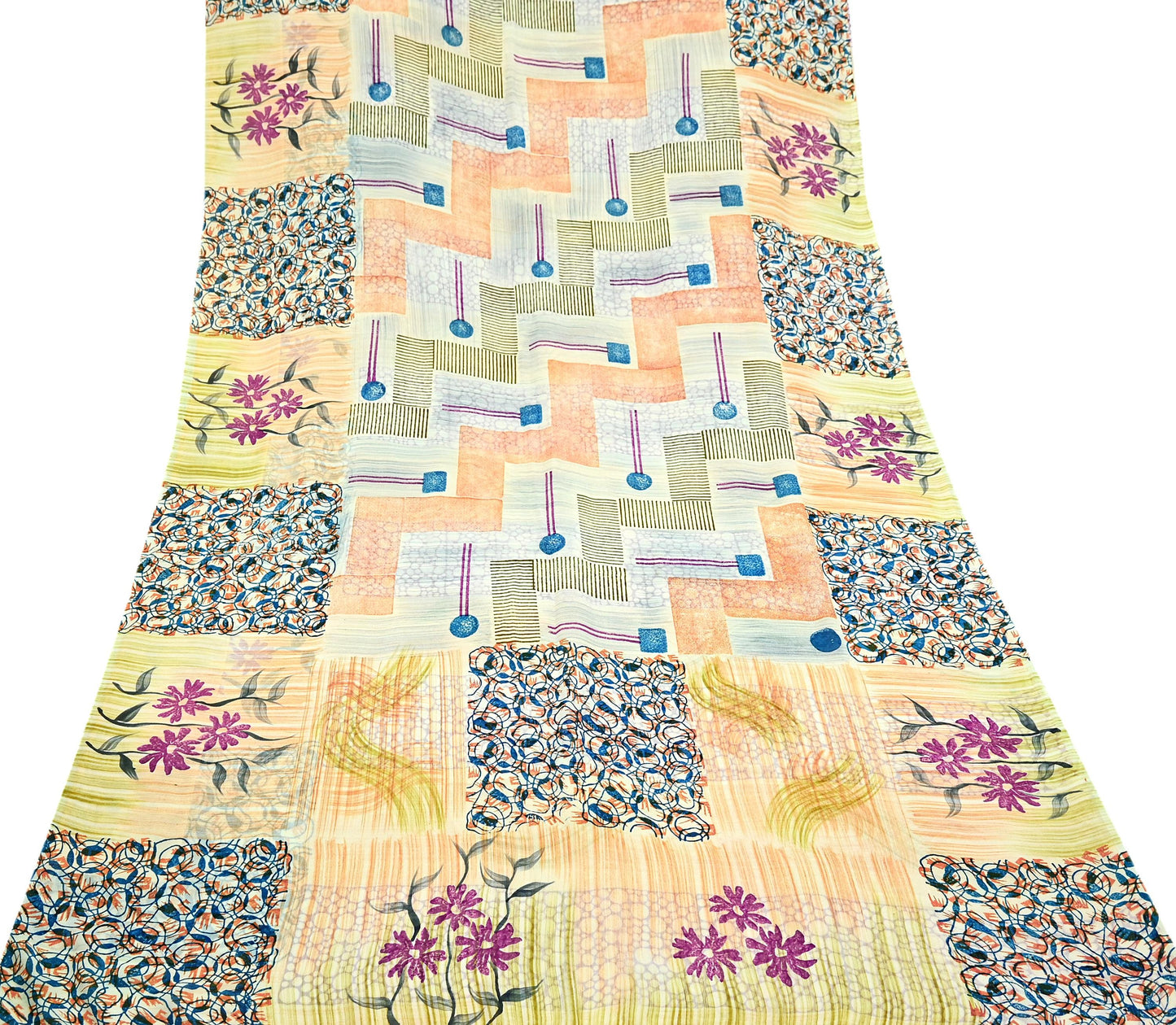 Indian Vintage Sari 100% Pure Georgette Silk Block Printed Sarees Sewing 5yd Craft Soft Dress Designing for Crafting Abstract