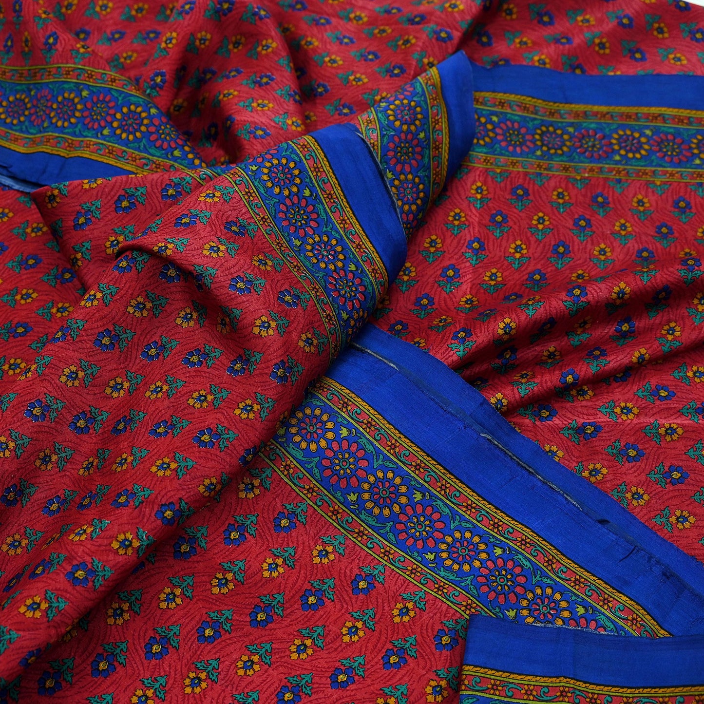 Indian Vintage Sari Pink & Blue 100% Pure Silk Printed Sarees 5yd Craft Fabric Sewing Soft Dress Making Floral Quilting Crafting Upcycle