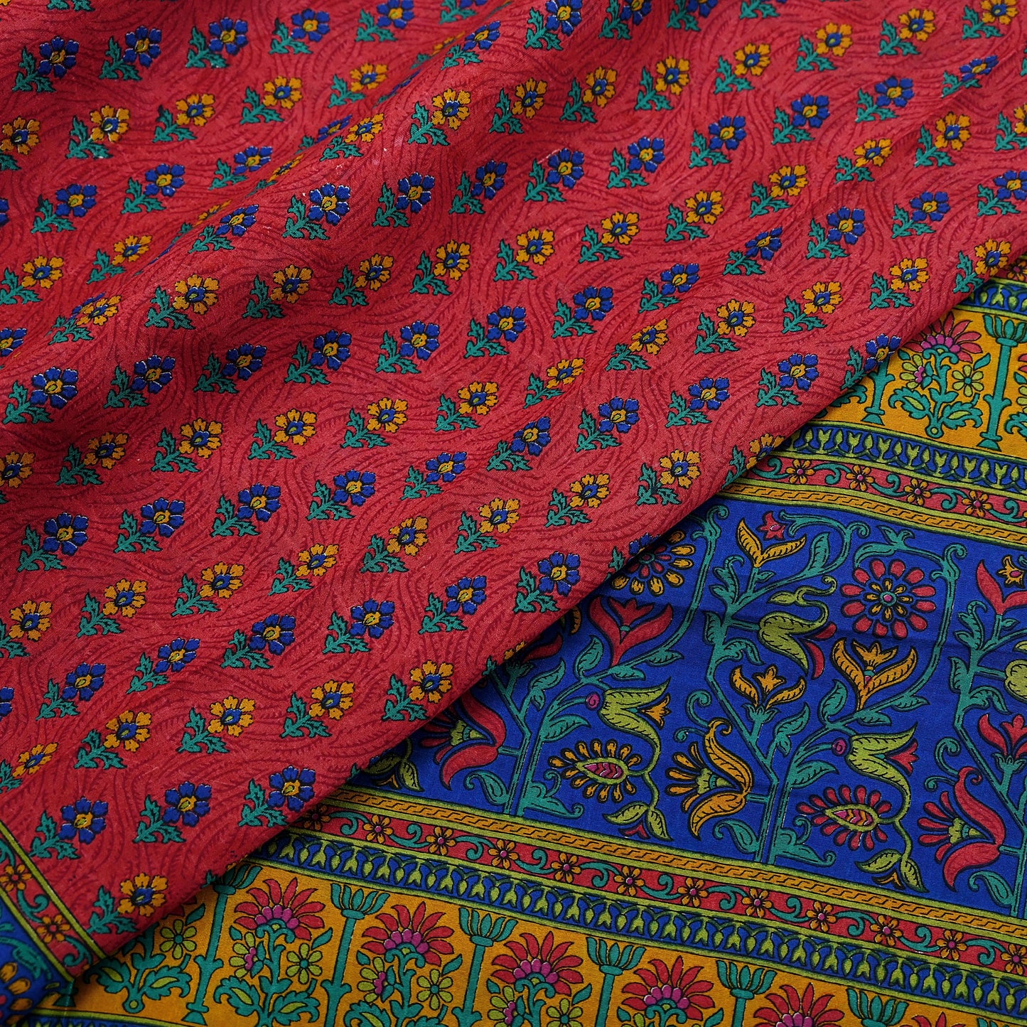 Indian Vintage Sari Pink & Blue 100% Pure Silk Printed Sarees 5yd Craft Fabric Sewing Soft Dress Making Floral Quilting Crafting Upcycle