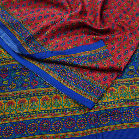 Indian Vintage Sari Pink & Blue 100% Pure Silk Printed Sarees 5yd Craft Fabric Sewing Soft Dress Making Floral Quilting Crafting Upcycle