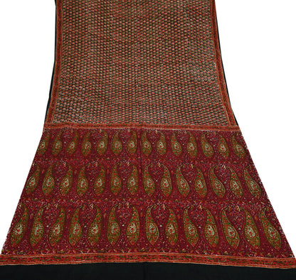 Indian Vintage Sari Black & Maroon 100% Pure Silk Printed Sarees 6yd Craft Fabric Sewing Soft Dress Making Floral Quilting Crafting Upcycle